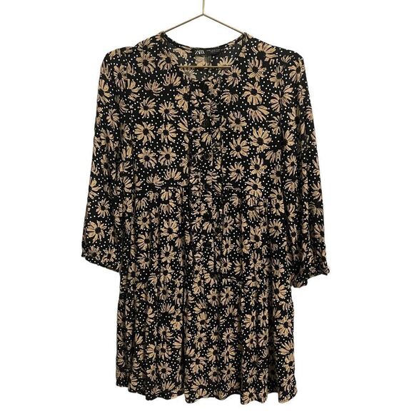Zara Daisy Print Flowy Button Front Ruffle Mini Dress Size XS - Picture 1 of 11